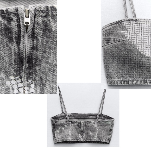 Zara TRF gray foil sequin embellished denim jean crop top sparkly Sz XXL NWOT - Picture 3 of 15